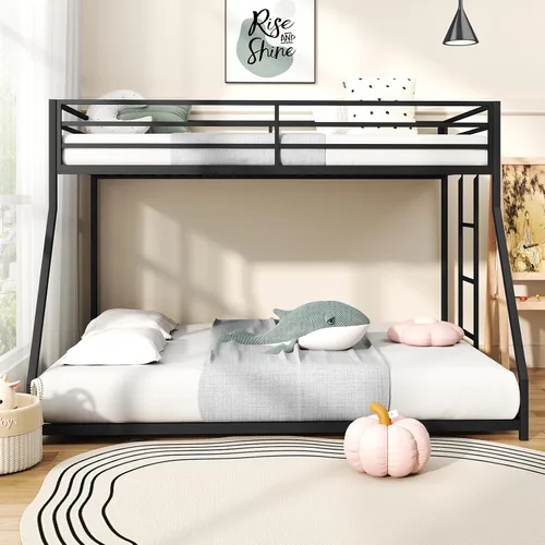 Miniatura 7 de Zevemomo - Litera de cama individual sobre cama matrimonial, literas de metal de bajo perfil con barandilla de seguridad de longitud completa