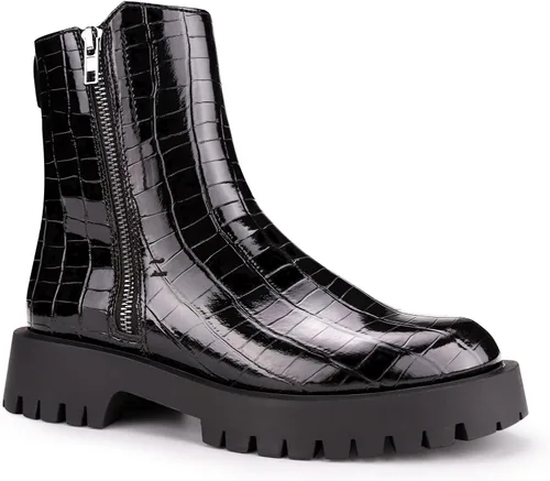 Miniatura 2 de ISOMEI Botines negros de cocodrilo para mujer botas de combate con cremallera y plataforma de charol