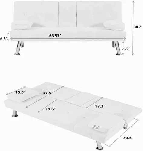 Miniatura 2 de Sofá cama futón de terciopelo con 2 portavasos y reposabrazos extraíbles, moderno sofá cama convertible con patas de metal, sofá biplaza tapizado