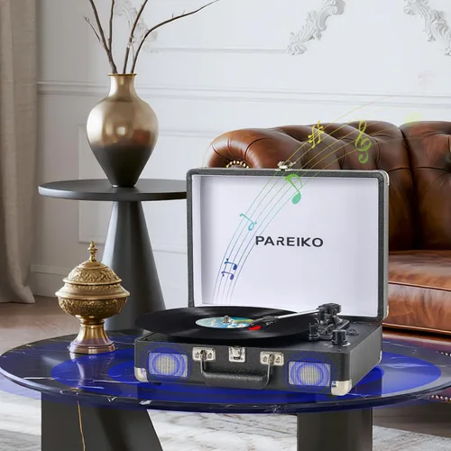 Miniatura 7 de Tocadiscos portátil con plato giratorio de 3 velocidades, conectividad Bluetooth, batería incorporada de 1800 mAh, diseño retro de maleta