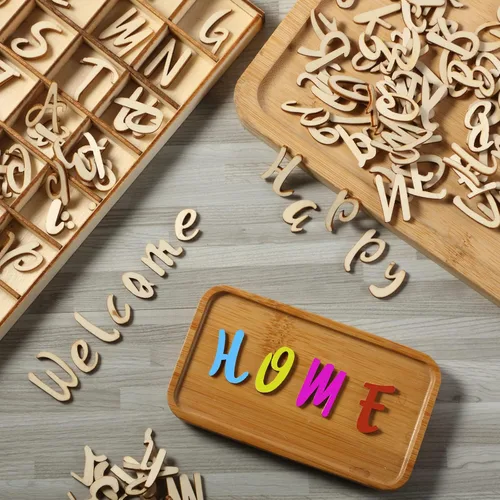 Miniatura 5 de Blulu 248 letras del alfabeto de madera de 1 pulgada, números de letras de madera sin terminar, números para manualidades con bandeja de Color madera