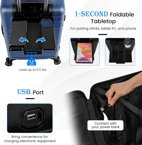Miniatura 3 de Goplus Equipaje de mano, maleta rígida de policarbonato de 20 pulgadas con bolsillo frontal, mesa plegable, puerto de carga USB, doble bloqueo TSA