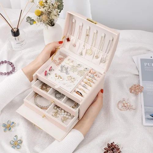 Miniatura 4 de DEZZIE Joyero para mujer piel sintética para personas mayores caja de almacenamiento de joyas de tamaño mediano de 3 capas con cerradura Estuche