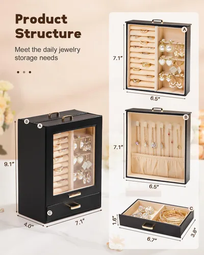 Miniatura 3 de Homde Organizador de joyas para niñas y mujeres, joyero para collares, anillos, aretes, regalo y pulseras (negro + dorado)