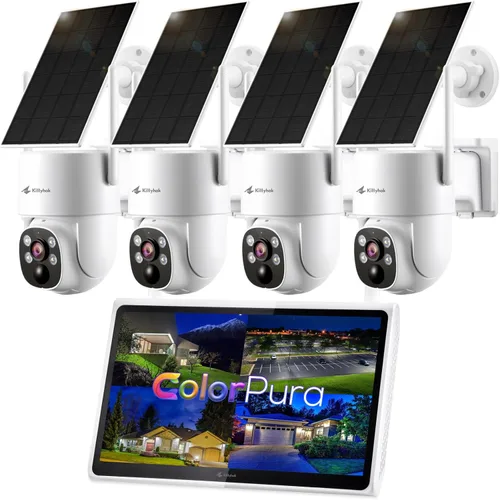 Kittyhok Sistema de cámara de seguridad solar para exteriores inalámbrico | 4 cámaras de seguridad PTZ solares 2K, visión nocturna a color