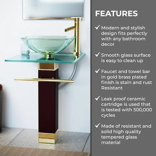 Miniatura 4 de Renovators Supply Manufacturing Bohemia Combo de Lavabo de Pedestal de Vidrio Moderno Encimera de Vidrio Templado Cristalino Transparente Tocador