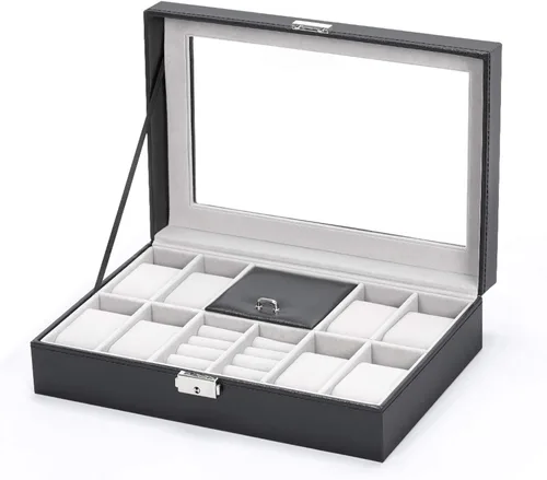 NEX Caja de reloj 8 ranuras con cerradura de cuero para reloj organizador con almacenamiento de anillos para mujeres y hombres color negro