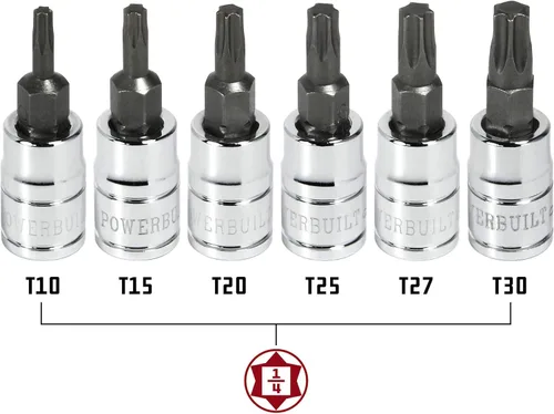 Miniatura 2 de Powerbuilt 640049 - Juego de 6 llaves de vaso Torx de 1/4 pulgadas, T10 T15 T20 T25 T27 T30, brocas S2 y enchufes de cromo-vanadio, estante