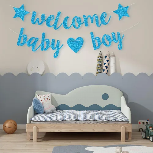 Miniatura 3 de Decoraciones de baby shower para niños, pancarta de bienvenida con purpurina, banderines colgantes para fiesta de cumpleaños de recién nacidos, Azul