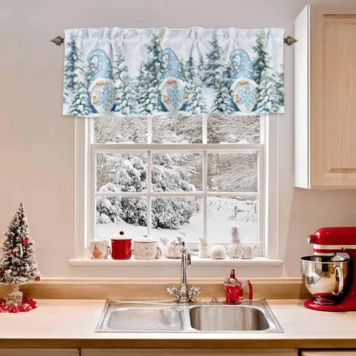Miniatura 18 de Cenefas de gnomo de invierno para cocina, cafetería, cenefa de ventana de pino nevado de Navidad, cortinas cortas de copo de nieve azul, 60 x 18
