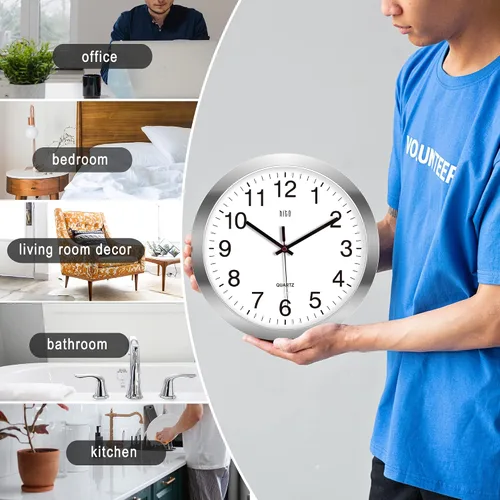 Miniatura 6 de HITO Reloj de pared silencioso de 12 pulgadas con batería, sin tictac, cubierta de vidrio, marco de aluminio plateado, para decoración de cocina