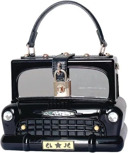 MILATA Bolso de mano con asa superior de acrílico en forma de coche vintage en forma de caja negra para fiesta de noche, bolso de novedad, Negro -