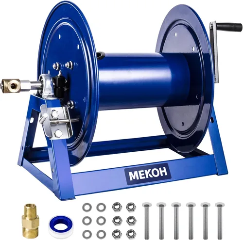 MEKOH Carrete de manguera para lavadora a presión de 3/8" x 350 pies, carrete de manguera de manivela de mano de 5000 PSI para 1/4" x 455 pies,