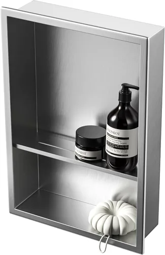 Miniatura 13 de Nicho de ducha de acero inoxidable de 24 x 12 pulgadas, cepillado, no necesita azulejos, nicho de pared con estantes dobles, estante de ducha