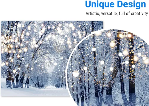 Miniatura 3 de Funnytree Fondo de escena de invierno duradero de 8 x 6 pies, sin arrugas, diseño de copo de nieve, bokeh, con purpurina, bosque, nieve blanca