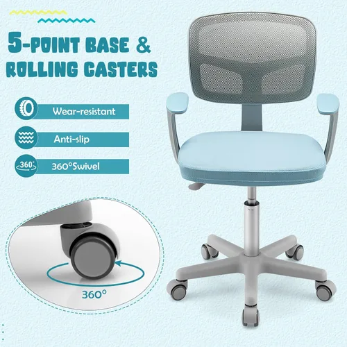 Miniatura 5 de HONEY JOY Silla de escritorio para niños, silla de estudio para niños de altura ajustable, silla giratoria de malla para estudiantes, ruedas Azul