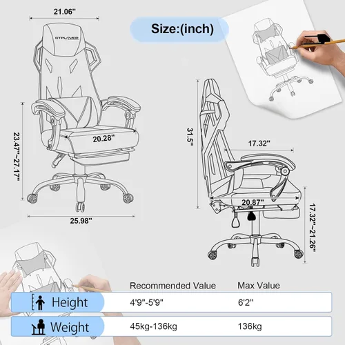Miniatura 2 de GTPLAYER Silla para videojuegos, silla de computadora con respaldo de malla, silla ergonómica para juegos con reposapiés, silla reclinable con Negro