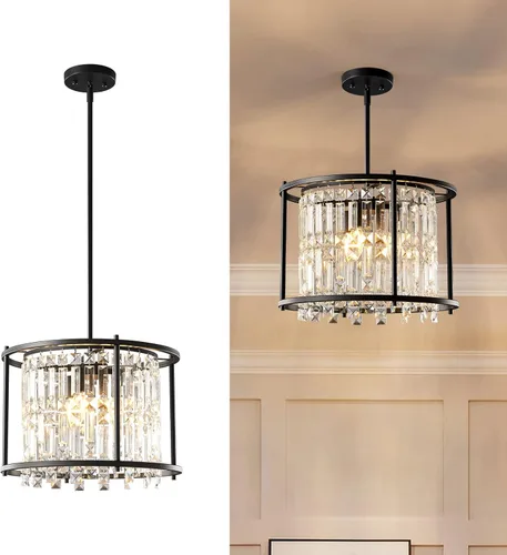Miniatura 10 de LMQNINE Candelabro Moderno para Vestíbulo, Candelabro de Cristal Dorado Lámpara Colgante de Entrada, Candelabros Redondos de Altura Ajustable