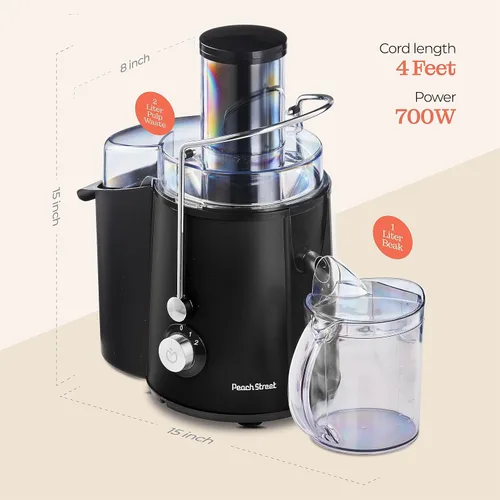 Miniatura 7 de Peach Street Exprimidor centrífugo de 700 W, extractor de jugo, alimentador de 3 pulgadas de ancho para frutas enteras, verduras, con filtro de Negro