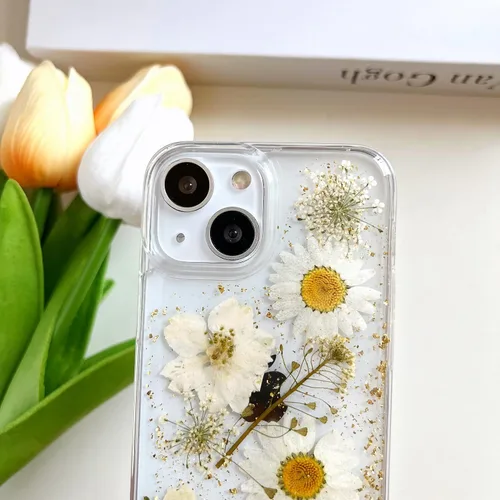 Miniatura 4 de LSEEKA Funda transparente para iPhone 13 Mini/iPhone 12 Mini con diseño de flores reales prensadas, con purpurina, bonito patrón floral blanco, Oro