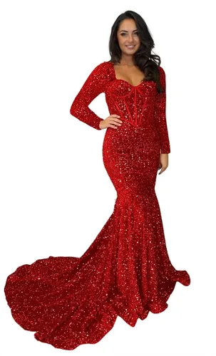 Miao Duo Vestido de fiesta de sirena de manga larga para mujer con tren elástico brillante lentejuelas vestidos de noche formales YZTS090