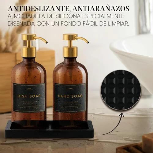 Miniatura 3 de Juego de 2 dispensadores de jabón de vidrio (ámbar) con bandeja de silicona, dispensador de jabón de manos y platos para cocina y baño, botellas