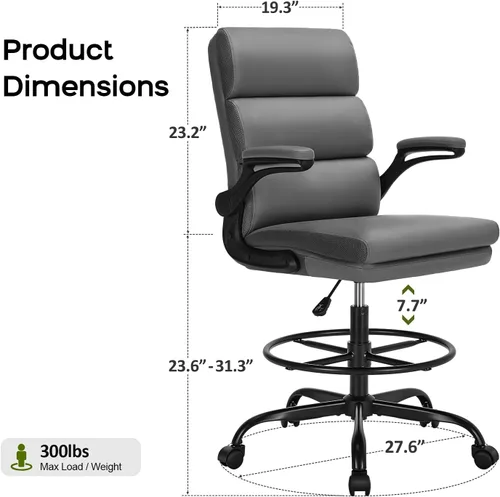 Miniatura 2 de Silla de Dibujo Silla Alta de Oficina con Reposabrazos Abatibles Acolchados Silla de Escritorio de Pie Ergonómica Ejecutiva para Computadora con Gris