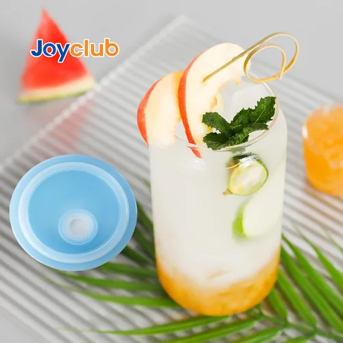 Miniatura 2 de Joyclub 4 piezas de vasos de vidrio con tapas acrílicas y pajitas 16 oz Vasos de café helado con tapas y pajitas en forma de lata, lindos vasos