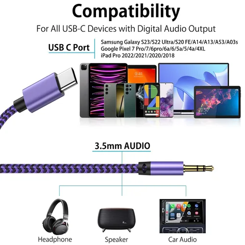 Miniatura 6 de Cable Samsung S26 Ultra USB C a conector auxiliar de audio de 0.138 in, cable trenzado auxiliar de 3 pies tipo C a auriculares auxiliares para Azul