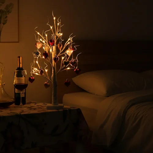 Miniatura 7 de Árbol de abedul iluminado para el día de San Valentín con adornos de corazón, lámpara LED romántica de árbol de ramita de abedul de mesa, 24 luces