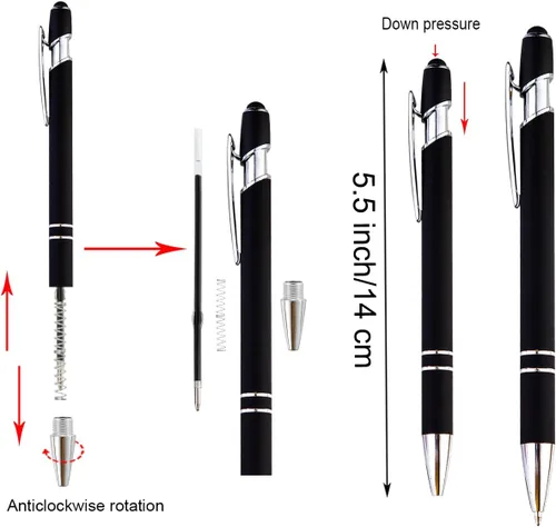 Miniatura 6 de PASISIBICK Bolígrafo negro de 12 piezas con punta de lápiz capacitivo, 2 en 1, elegante bolígrafo de metal para pantalla táctil, tinta negra, punta