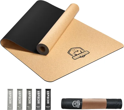 HAPBEAR Tapete de yoga grande de corcho – 72 x 36 pulgadas de ancho antideslizante para entrenamiento en casa, yoga, pilates y estiramientos –