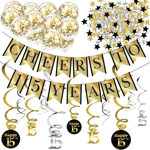Paquete de decoración para fiesta de 15 cumpleaños y aniversarios – Banner, Globos, remolinos y confeti suministros para fiesta