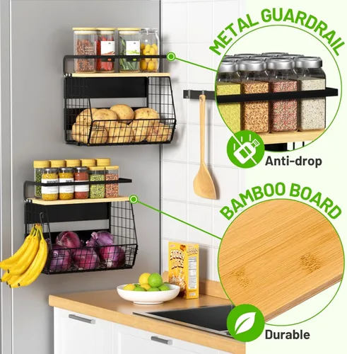 Miniatura 7 de Juego de 2 estantes magnéticos para refrigerador con tapa de madera, contenedores de almacenamiento de papas y cebollas, organizadores y Negro
