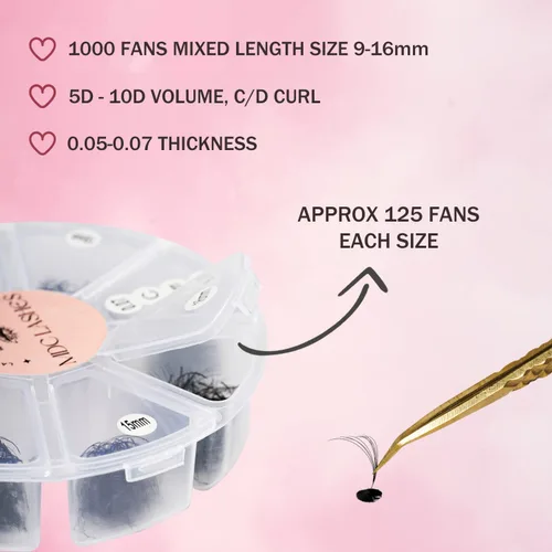 Miniatura 2 de Promade - Extensiones de pestañas de longitud mixta de 1000 abanicos, con volumen, 8D-16D, rizo C D, 0.315-0.630 pulgadas de longitud, 0.05-0.07