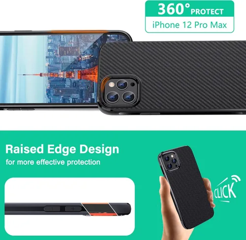 Miniatura 4 de ONES Funda delgada para iPhone 12 Pro Max, funda protectora de fibra de carbono a prueba de golpes con diseño minimalista y resistente a los Negro