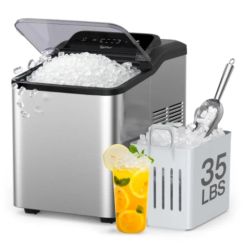 Typhur Máquina de hielo de pepita rápida con bomba de autolimpieza, máquina de hielo de guijarros triturados de 35 libras/24 horas con hielo de