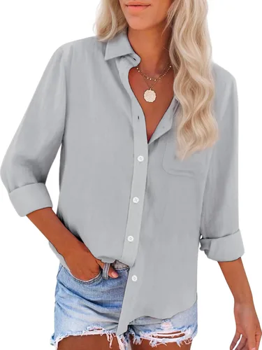Miniatura 20 de Camisas de algodón con botones, para mujer, camisas de vestir Oxford, camisas de trabajo de manga larga, blusas con cuello y bolsillo