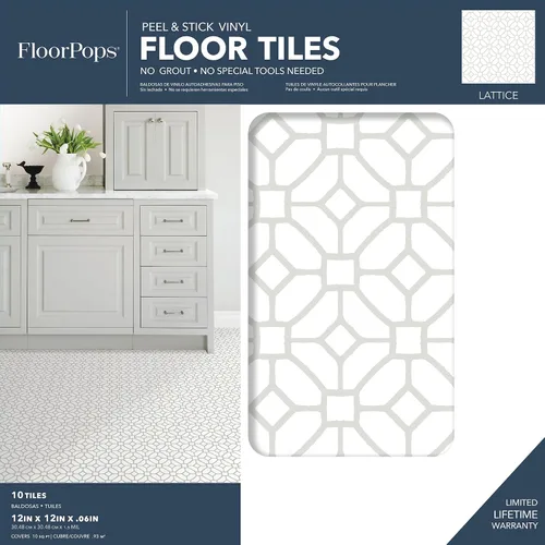 Miniatura 2 de FloorPops FP2946 Azulejos de Suelo Adhesivos con Diseño de Celosía, Blanco y Blanquecino