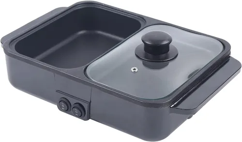 CNCEST 2 en 1 portátil eléctrica olla caliente barbacoa parrilla antiadherente Teppanyaki Pan 110V Hotpot interior Grill Korean BBQ Combo (negro)