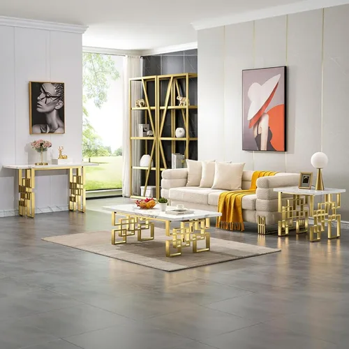 Miniatura 2 de AUZ Mesa auxiliar, mesa rectangular de 50 pulgadas, color blanco y dorado, mesa de té para sala de estar, sala de invitados, sala de recepción Base