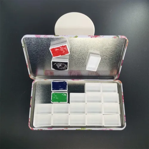 Miniatura 5 de Paleta de lata vacía de acuarela vacía caja de pintura de metal que contiene 20 piezas de plástico completo sartenes con rayas magnéticas en la Rosa