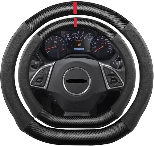 Miniatura 64 de Funda de volante de ante con fibra de carbono de K LAKEY, compatible con Porsche 718 Boxster Cayman 911 Panamera Macan Cayenne de 15 pulgadas, cuero