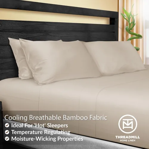 Miniatura 7 de Threadmill Juego de sábanas de rayón de bambú para cama de tamaño matrimonial, 4 piezas refrescantes color beige, suaves como la seda, ligeras