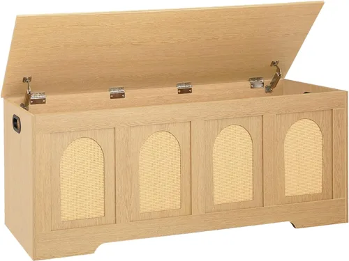 Miniatura 21 de DINZI LVJ Baúl de almacenamiento, caja de juguetes de madera de 39.4 pulgadas con 2 bisagras de seguridad, banco de zapatos de entrada con tapa