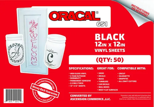Miniatura 2 de (50) hojas de 12 x 12 pulgadas, vinilo adhesivo negro ORACAL 651 para Cricut, Silhouette, Cameo, cortadores de manualidades, impresoras