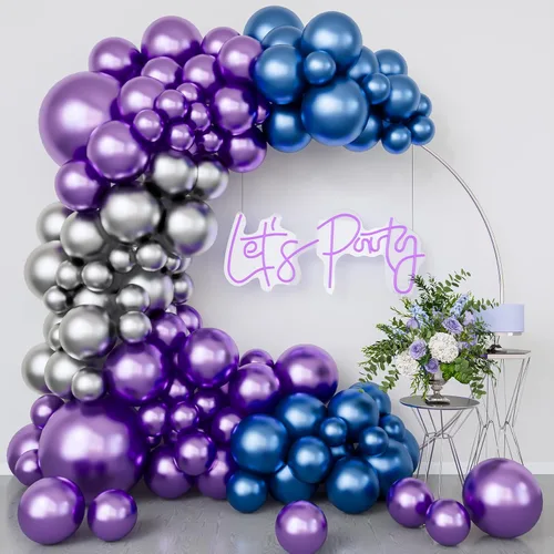 Miniatura 8 de Kit de guirnalda de arco de globos de color azul metálico y negro, globo plateado metálico con lentejuelas doradas, 122 piezas para cumpleaños, Azul
