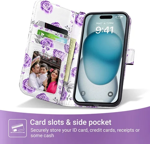 Miniatura 2 de ULAK Compatible con iPhone 15 Estuche tipo cartera para mujer, funda tipo billetera de piel PU premium con tarjetero, función de caballete, estuche