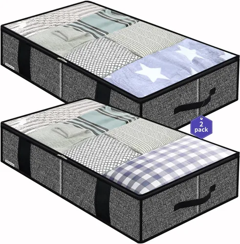 Onlyeasy - Bolsas de almacenamiento de tela para debajo de la cama con 4 asas, 2 cierres y ventana transparente grande, para ropa, mantas, ropa de