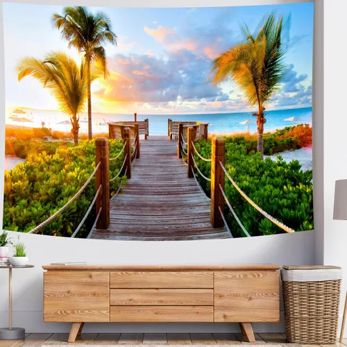 Miniatura 3 de Delur Tapiz de playa y puesta de sol tropical, palmera, costero, tapiz para colgar en la pared, paisaje natural, cabecero psicodélico escénico